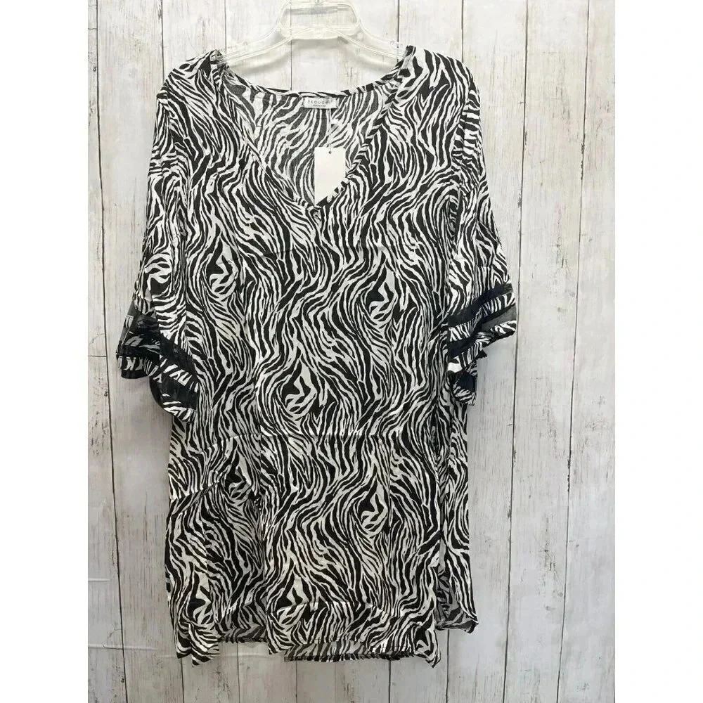 EKOUAR SIZE L BLACK WHITE KIMONO BATHING SUIT COVER UP NWT